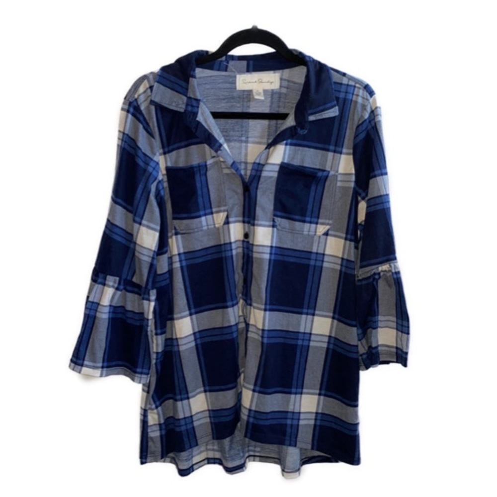 French Laundry Womens XL 3/4 Sleeve Button Down Plaid Blue Blouse Shirt Top